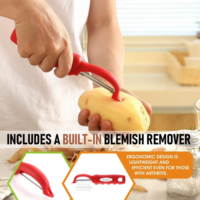 Alt view image 5 of 7 - Swivel Vegetable Peeler with Ergonomic Handle, Set of 2, Red | Premium Potato Peeler w/ Ultra Sharp Stainless Steel Blades, Multifunctional Veggie Peeler for Apple, Carrot, Cucumber, Fruit