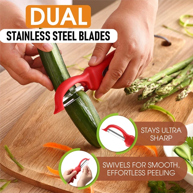Alt view image 2 of 7 - Swivel Vegetable Peeler with Ergonomic Handle, Set of 2, Red | Premium Potato Peeler w/ Ultra Sharp Stainless Steel Blades, Multifunctional Veggie Peeler for Apple, Carrot, Cucumber, Fruit