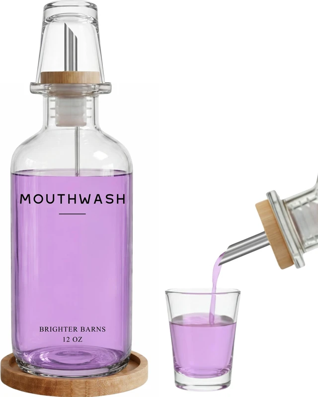 Main image of Glass Mouthwash Dispenser for Bathroom by Brighter Barns - Refillable Mouthwash Container with Glass Cup and Bamboo Tray - Mouth Wash Dispensers for Bathroom Sink, Home Decor, Office, Gifts (Clear)