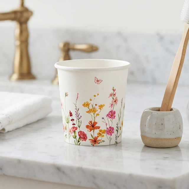 Alt view image 4 of 7 - 300 Pack Paper Bathroom Cups 3oz Disposable Small Mouthwash, Elegant Floral Design, Hot/Cold Beverage Coffee, Dessert for Birthday Parties, Home-use, Picnics, Ceremonies