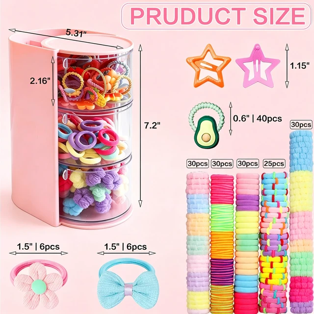 Alt view image 2 of 7 - 900Pcs Hair Accessories for Girls with 3-Tier Pink Organizers,Ties, Clips | Includes Soft Bands, Bows and Star Claws, No Pull, For Little Girls Teens,Assorted Ponytail Holders Supplies for Princess