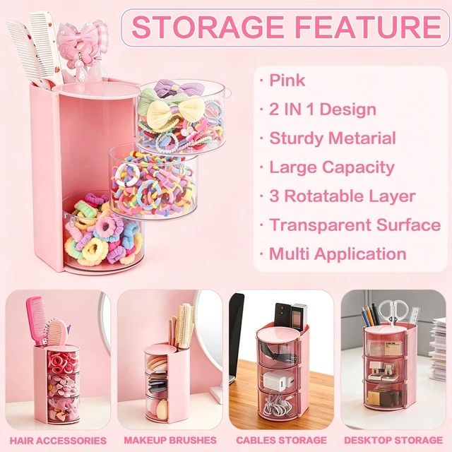Alt view image 6 of 7 - 900Pcs Hair Accessories for Girls with 3-Tier Pink Organizers,Ties, Clips | Includes Soft Bands, Bows and Star Claws, No Pull, For Little Girls Teens,Assorted Ponytail Holders Supplies for Princess
