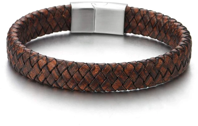 Main image of Men's Brown Braided Leather Bracelet With Stainless Steel Clasp, Round Woven Wristband, Minimalist Everyday Jewelry Gift