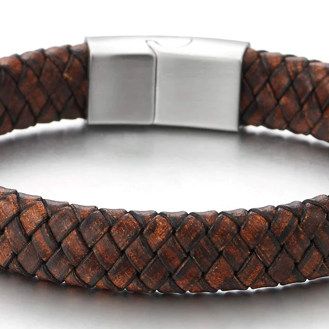 Alt view image 2 of 7 - Men's Brown Braided Leather Bracelet With Stainless Steel Clasp, Round Woven Wristband, Minimalist Everyday Jewelry Gift