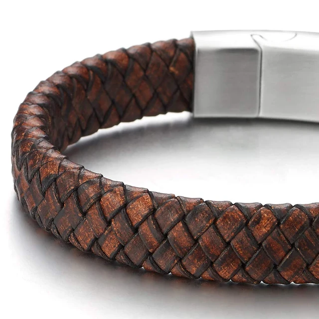 Alt view image 3 of 7 - Men's Brown Braided Leather Bracelet With Stainless Steel Clasp, Round Woven Wristband, Minimalist Everyday Jewelry Gift