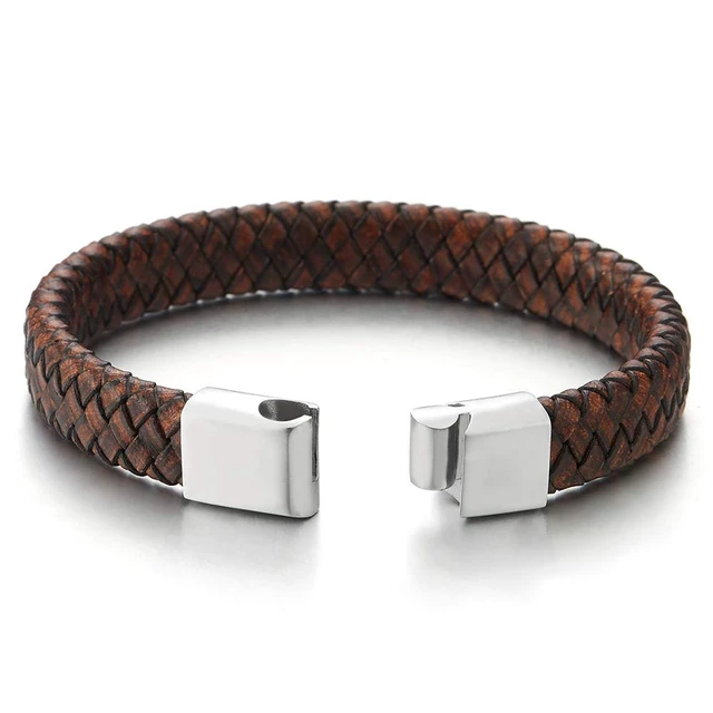 Alt view image 4 of 7 - Men's Brown Braided Leather Bracelet With Stainless Steel Clasp, Round Woven Wristband, Minimalist Everyday Jewelry Gift
