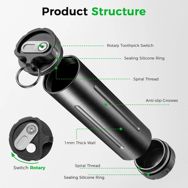 Alt view image 7 of 7 - Pill Holder Keychain and Toothpick Holder, 2-Mode Convertible Design | Food-safe Aluminum,IPX7 Double Waterproof Seal,Dual Large Openings for Big Pills,Carabiner Portable,Small Items Storage