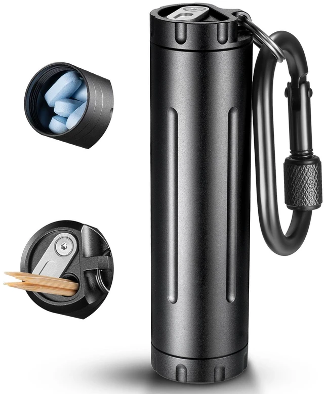 Main image of Pill Holder Keychain and Toothpick Holder, 2-Mode Convertible Design | Food-safe Aluminum,IPX7 Double Waterproof Seal,Dual Large Openings for Big Pills,Carabiner Portable,Small Items Storage
