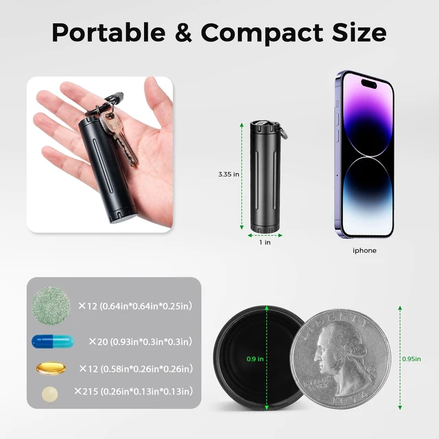Alt view image 2 of 7 - Pill Holder Keychain and Toothpick Holder, 2-Mode Convertible Design | Food-safe Aluminum,IPX7 Double Waterproof Seal,Dual Large Openings for Big Pills,Carabiner Portable,Small Items Storage