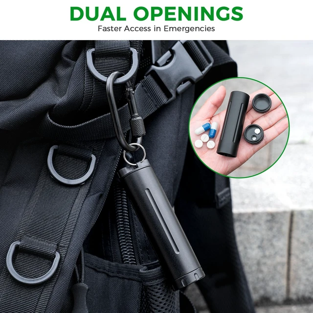 Alt view image 4 of 7 - Pill Holder Keychain and Toothpick Holder, 2-Mode Convertible Design | Food-safe Aluminum,IPX7 Double Waterproof Seal,Dual Large Openings for Big Pills,Carabiner Portable,Small Items Storage