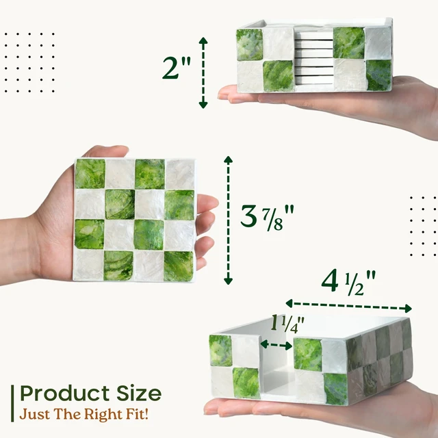 Alt view image 3 of 6 - 4" Capiz Checkered Coasters Set 6 with Holder, Pistachio Green | Square Checkered Coasters Set Of 6, Decorative Green And White Drink Coasters For Coffee Table Decor, Boho Coastal Home Decor