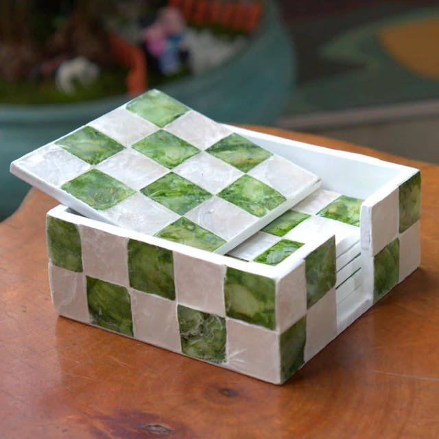 Main image of 4" Capiz Checkered Coasters Set 6 with Holder, Pistachio Green | Square Checkered Coasters Set Of 6, Decorative Green And White Drink Coasters For Coffee Table Decor, Boho Coastal Home Decor