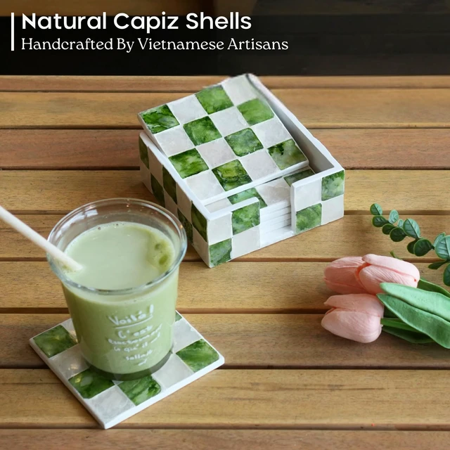 Alt view image 2 of 6 - 4" Capiz Checkered Coasters Set 6 with Holder, Pistachio Green | Square Checkered Coasters Set Of 6, Decorative Green And White Drink Coasters For Coffee Table Decor, Boho Coastal Home Decor