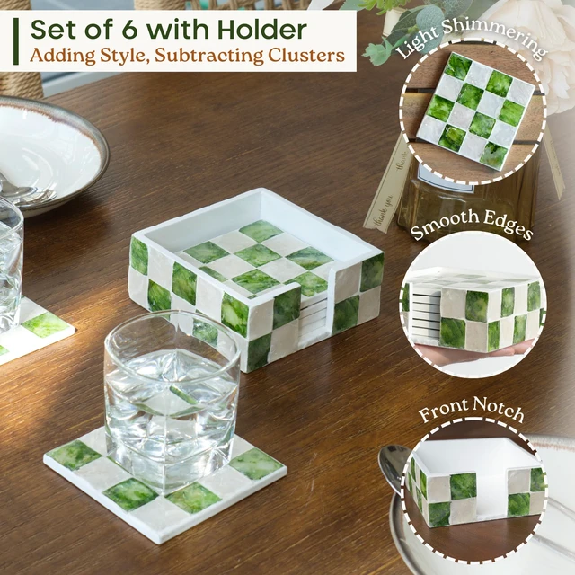 Alt view image 4 of 6 - 4" Capiz Checkered Coasters Set 6 with Holder, Pistachio Green | Square Checkered Coasters Set Of 6, Decorative Green And White Drink Coasters For Coffee Table Decor, Boho Coastal Home Decor