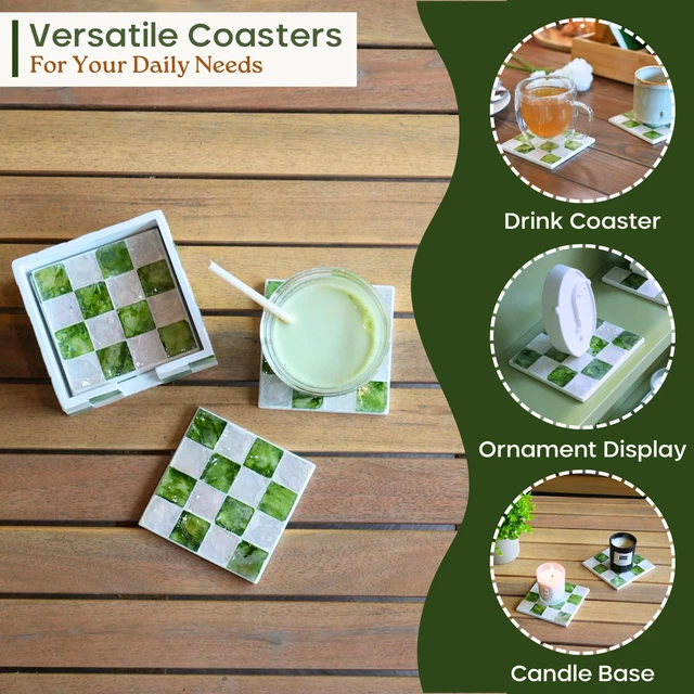 Alt view image 5 of 6 - 4" Capiz Checkered Coasters Set 6 with Holder, Pistachio Green | Square Checkered Coasters Set Of 6, Decorative Green And White Drink Coasters For Coffee Table Decor, Boho Coastal Home Decor