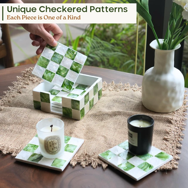 Alt view image 6 of 6 - 4" Capiz Checkered Coasters Set 6 with Holder, Pistachio Green | Square Checkered Coasters Set Of 6, Decorative Green And White Drink Coasters For Coffee Table Decor, Boho Coastal Home Decor