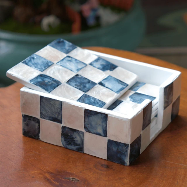 Main image of 4" Capiz Checkered Square Coasters Set 6 with Holder, Navy Blue | Natural Capiz Shell Inlaid Drink Coaster, Decorative Mosaic Checkered Coaster Set, Blue And White Square Coasters With Holder