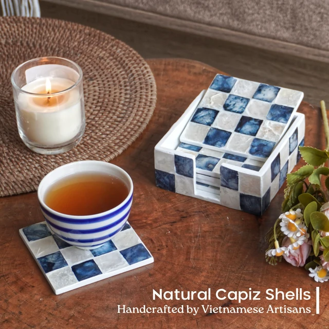 Alt view image 2 of 7 - 4" Capiz Checkered Square Coasters Set 6 with Holder, Navy Blue | Natural Capiz Shell Inlaid Drink Coaster, Decorative Mosaic Checkered Coaster Set, Blue And White Square Coasters With Holder