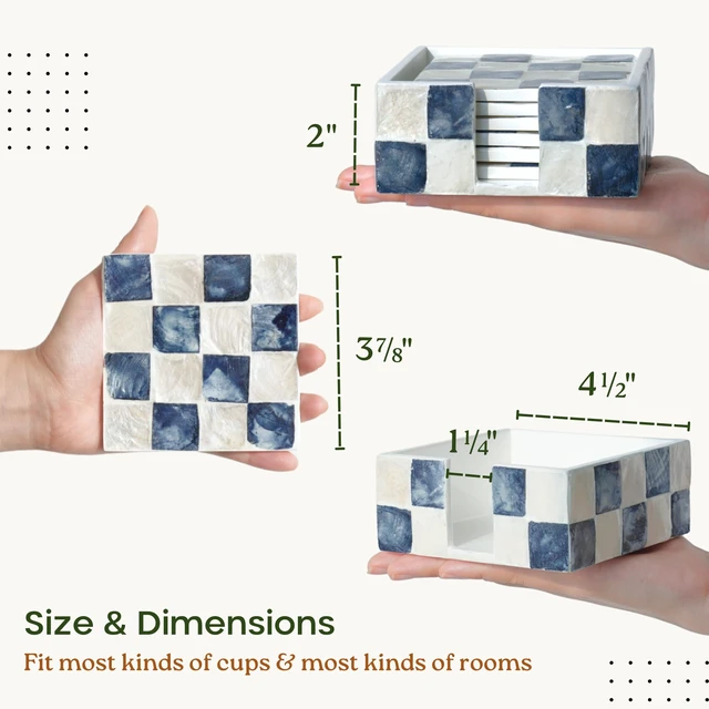 Alt view image 3 of 7 - 4" Capiz Checkered Square Coasters Set 6 with Holder, Navy Blue | Natural Capiz Shell Inlaid Drink Coaster, Decorative Mosaic Checkered Coaster Set, Blue And White Square Coasters With Holder