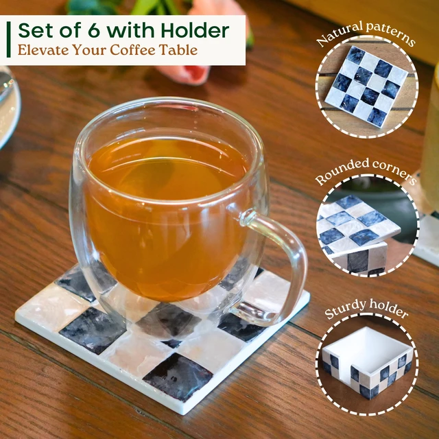 Alt view image 4 of 7 - 4" Capiz Checkered Square Coasters Set 6 with Holder, Navy Blue | Natural Capiz Shell Inlaid Drink Coaster, Decorative Mosaic Checkered Coaster Set, Blue And White Square Coasters With Holder