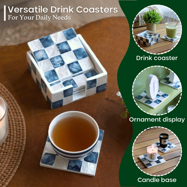 Alt view image 6 of 7 - 4" Capiz Checkered Square Coasters Set 6 with Holder, Navy Blue | Natural Capiz Shell Inlaid Drink Coaster, Decorative Mosaic Checkered Coaster Set, Blue And White Square Coasters With Holder