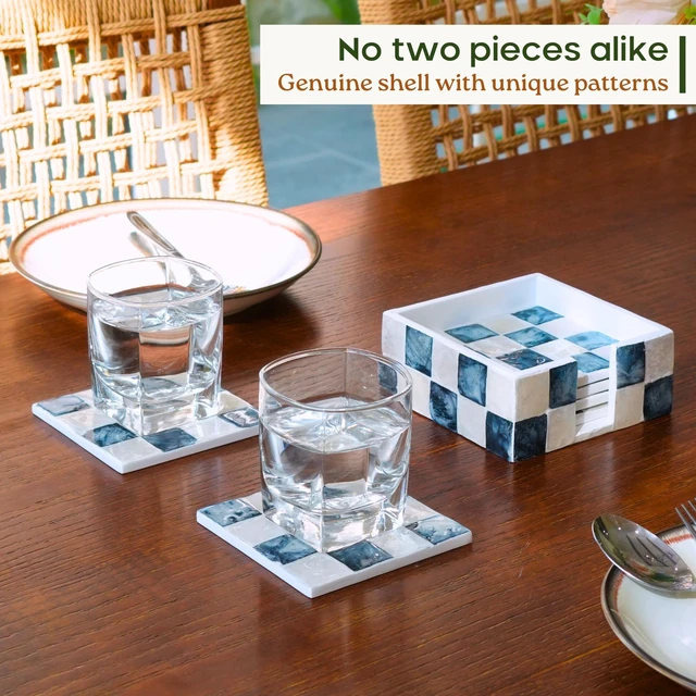 Alt view image 5 of 7 - 4" Capiz Checkered Square Coasters Set 6 with Holder, Navy Blue | Natural Capiz Shell Inlaid Drink Coaster, Decorative Mosaic Checkered Coaster Set, Blue And White Square Coasters With Holder