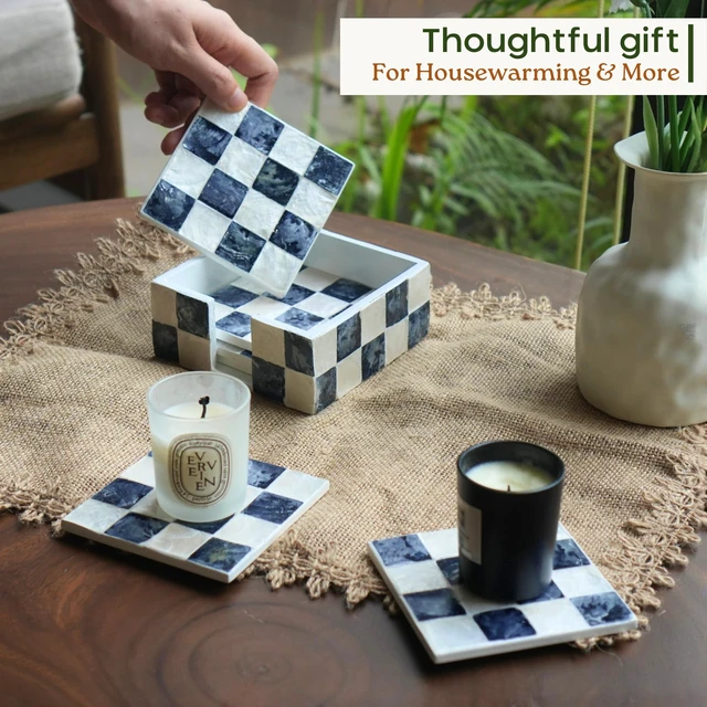 Alt view image 7 of 7 - 4" Capiz Checkered Square Coasters Set 6 with Holder, Navy Blue | Natural Capiz Shell Inlaid Drink Coaster, Decorative Mosaic Checkered Coaster Set, Blue And White Square Coasters With Holder