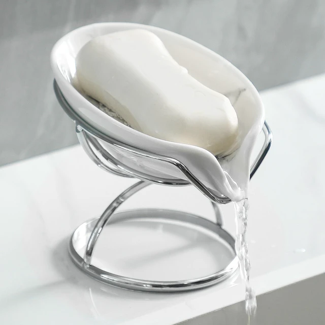 Main image of Leaf-Shaped Soap Dish Premium Ceramic Soap Bar Holder with Self-Drainage System Bar Soap Holder for Shower, Bathroom Sink, Kitchen Waterfall Soap Dish with Stainless Steel Stand (SLIVER)