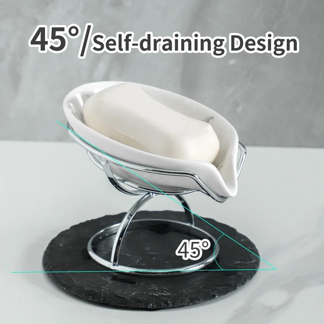 Alt view image 2 of 6 - Leaf-Shaped Soap Dish Premium Ceramic Soap Bar Holder with Self-Drainage System Bar Soap Holder for Shower, Bathroom Sink, Kitchen Waterfall Soap Dish with Stainless Steel Stand (SLIVER)