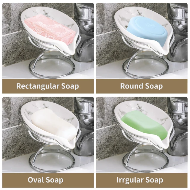 Alt view image 4 of 6 - Leaf-Shaped Soap Dish Premium Ceramic Soap Bar Holder with Self-Drainage System Bar Soap Holder for Shower, Bathroom Sink, Kitchen Waterfall Soap Dish with Stainless Steel Stand (SLIVER)