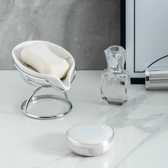 Alt view image 6 of 6 - Leaf-Shaped Soap Dish Premium Ceramic Soap Bar Holder with Self-Drainage System Bar Soap Holder for Shower, Bathroom Sink, Kitchen Waterfall Soap Dish with Stainless Steel Stand (SLIVER)