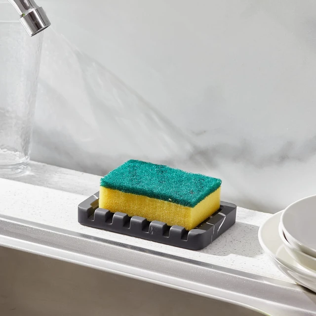 Alt view image 4 of 7 - 2PCS Self Draining Soap Dish - Marble Look Soap Holder Tray Savers Box Container Sponge Holder for Bathroom Shower Kitchen, Black