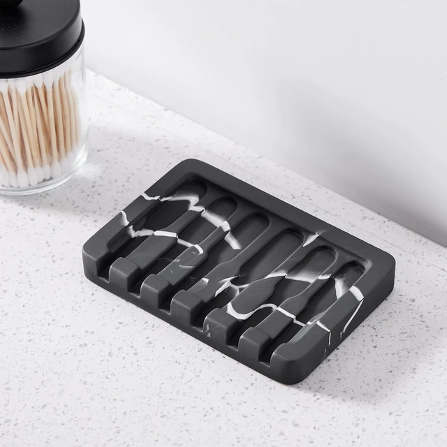 Alt view image 5 of 7 - 2PCS Self Draining Soap Dish - Marble Look Soap Holder Tray Savers Box Container Sponge Holder for Bathroom Shower Kitchen, Black