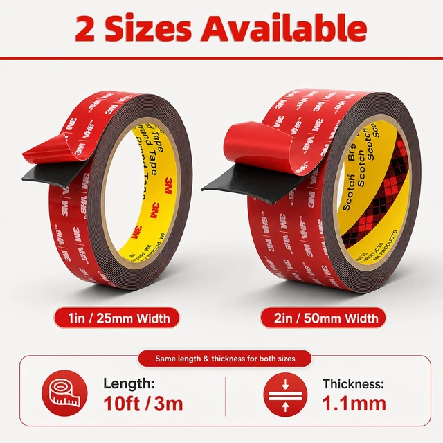 Alt view image 2 of 7 - 3M Double Sided Tape Heavy Duty Removable Tape Strips Heavy Duty Mounting Tape Extra Strong Adhesive Tape Waterproof for Walls Office Home Decor Crafts Pictures Posters Car LED Strip Light(1in*10ft)