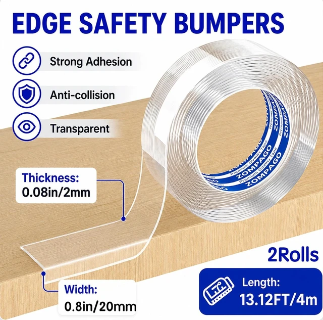 Alt view image 2 of 6 - Baby Corner Proofing Edge Protector Strip,2 Roll, 0.8in x 13FT | Transparent soft bumper, child safety, fits table desk fireplace, anti-collision guard, durable strip, furniture corner guard