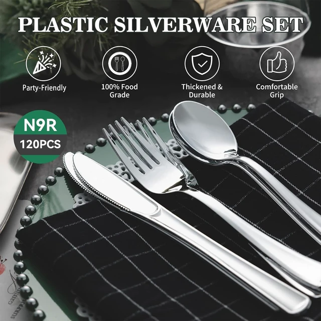 Alt view image 3 of 7 - 120PCS Silver Plastic Silverware, Disposable Utensils & Cutlery | 60 Forks, 30 Spoons, 30 Knives, Heavy Duty, BPA-Free, for Party, Wedding, Birthday & Everyday Use