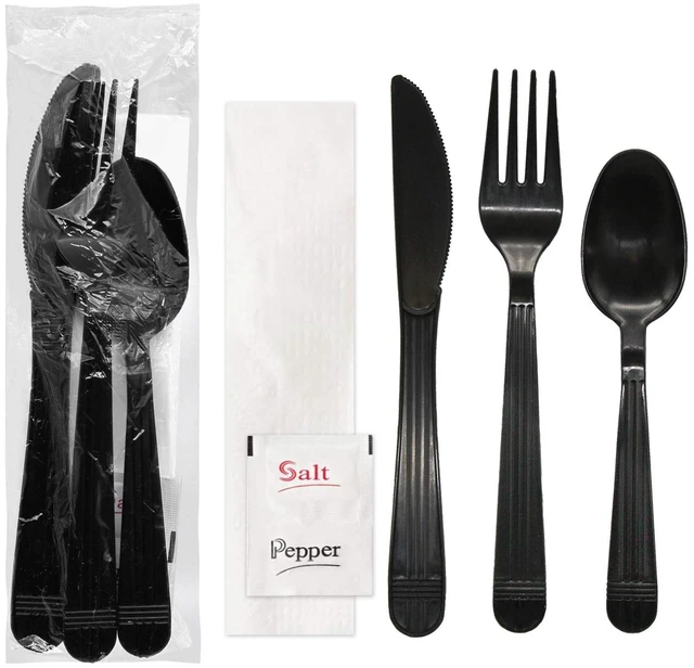 Main image of Individually Wrapped Plastic Cutlery Packets/Heavy Duty Silverware Kits, Fork/Spoon/Knife/Napkin/Salt/Pepper, 50 Utensils Sets, Black