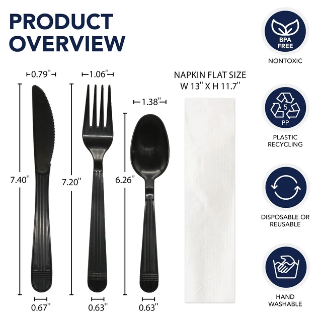 Alt view image 2 of 7 - Individually Wrapped Plastic Cutlery Packets/Heavy Duty Silverware Kits, Fork/Spoon/Knife/Napkin/Salt/Pepper, 50 Utensils Sets, Black