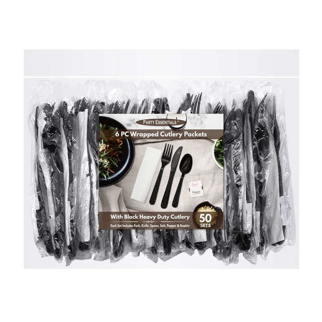 Alt view image 4 of 7 - Individually Wrapped Plastic Cutlery Packets/Heavy Duty Silverware Kits, Fork/Spoon/Knife/Napkin/Salt/Pepper, 50 Utensils Sets, Black