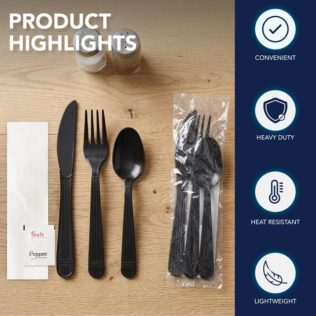Alt view image 3 of 7 - Individually Wrapped Plastic Cutlery Packets/Heavy Duty Silverware Kits, Fork/Spoon/Knife/Napkin/Salt/Pepper, 50 Utensils Sets, Black
