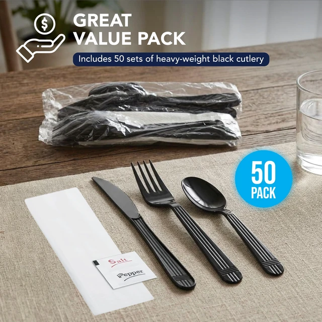 Alt view image 5 of 7 - Individually Wrapped Plastic Cutlery Packets/Heavy Duty Silverware Kits, Fork/Spoon/Knife/Napkin/Salt/Pepper, 50 Utensils Sets, Black
