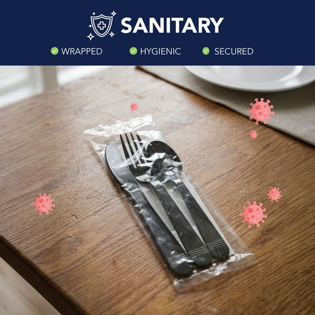 Alt view image 6 of 7 - Individually Wrapped Plastic Cutlery Packets/Heavy Duty Silverware Kits, Fork/Spoon/Knife/Napkin/Salt/Pepper, 50 Utensils Sets, Black