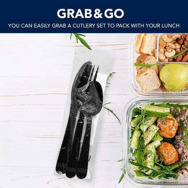 Alt view image 7 of 7 - Individually Wrapped Plastic Cutlery Packets/Heavy Duty Silverware Kits, Fork/Spoon/Knife/Napkin/Salt/Pepper, 50 Utensils Sets, Black