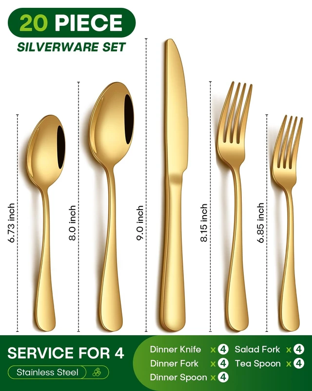 Alt view image 2 of 7 - 20 Piece Gold Silverware Set, Stainless Steel Flatware Set for 4 Food Grade Novelty Flatware Cutlery Utensil Set Include Knife Fork Spoon Mirror Polished Dishwasher Safe