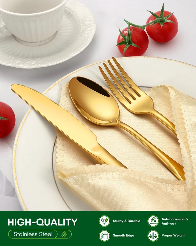 Alt view image 3 of 7 - 20 Piece Gold Silverware Set, Stainless Steel Flatware Set for 4 Food Grade Novelty Flatware Cutlery Utensil Set Include Knife Fork Spoon Mirror Polished Dishwasher Safe