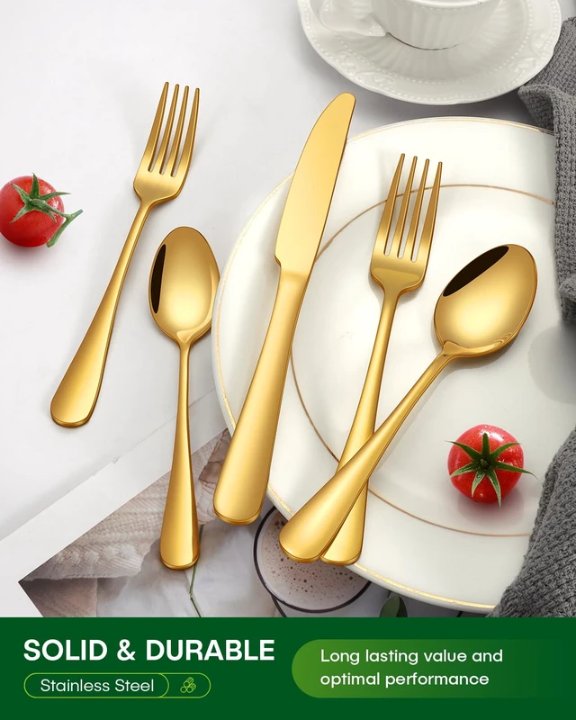 Alt view image 7 of 7 - 20 Piece Gold Silverware Set, Stainless Steel Flatware Set for 4 Food Grade Novelty Flatware Cutlery Utensil Set Include Knife Fork Spoon Mirror Polished Dishwasher Safe