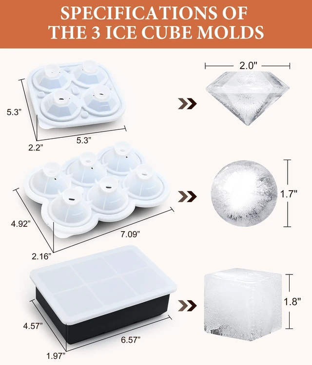 Alt view image 2 of 6 - Ice Cube Trays, Silicone Ice Cube Molds for Freezer with Lid (Set of 3), 6 Ball Ice Cube Tray, 4 Diamond & 21-Ice Trays, Reusable Whiskey Ice Mold, DIY, BPA Free, Freezer