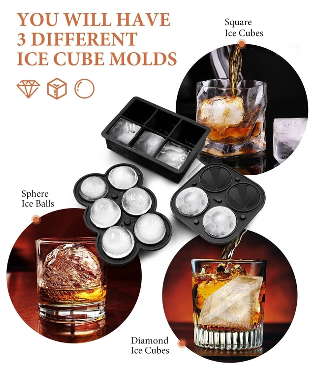 Alt view image 3 of 6 - Ice Cube Trays, Silicone Ice Cube Molds for Freezer with Lid (Set of 3), 6 Ball Ice Cube Tray, 4 Diamond & 21-Ice Trays, Reusable Whiskey Ice Mold, DIY, BPA Free, Freezer