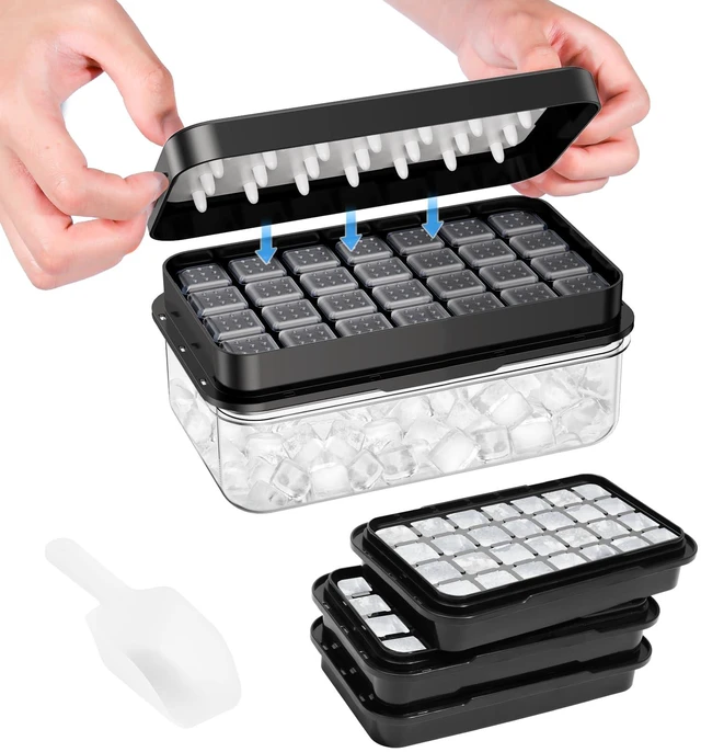 Main image of Ice Cube Tray with Lid and Bin, Easy Release 84 Cubes for Freezer | Food-grade BPA-free PP and ABS. Ice cubes for fruit, cocktails, iced coffee. Space-saving stackable with scoop