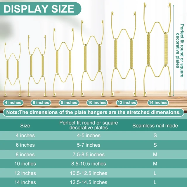 Alt view image 2 of 6 - 12 Pcs Wall Plate Hangers Wire Invisible,4/6/8/10/12/14 Inch,Gold | Adjustable Spring Design Fits Multiple Sizes, Heavy Duty Steel Wire, Includes 12 Wall Hooks for Decorative China Display